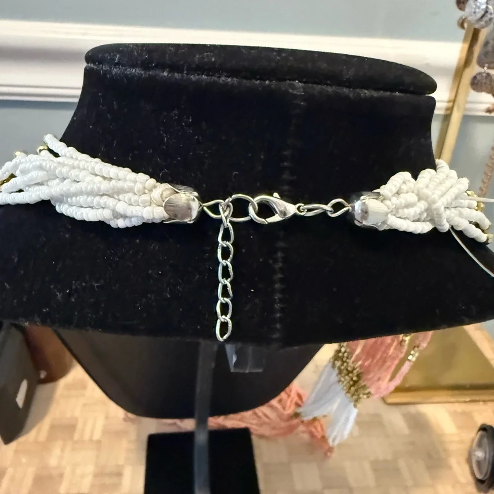 Elegant Beaded Necklace in Coral, White and Gold About 40 inches at its longest